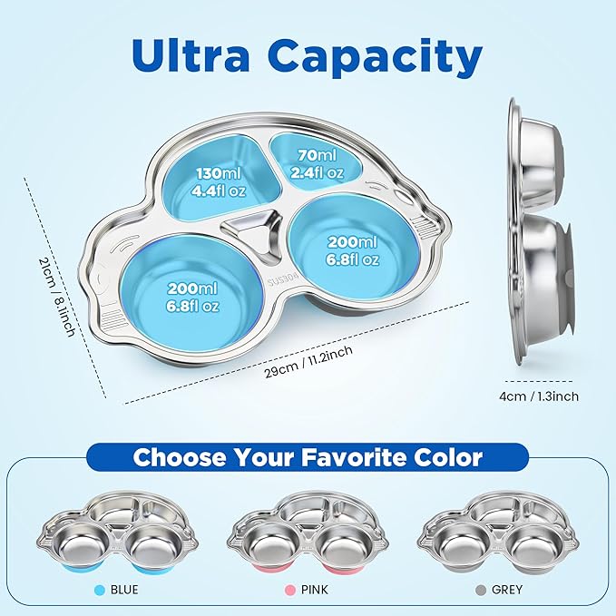 Stainless Steel Baby Suction Plates: Divided Plates Designed for Babies and Toddlers, Made of 100% Food-Grade Materials Ideal for Baby-Led Weaning BPA-Free Toddler Feeding Dishwasher Safe Gray