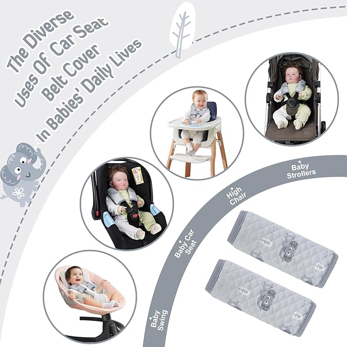INFANZIA Car Seat Strap Covers for Infants Babies, Soft Carseat Shoulder Pads for Kids, Double-Sided Use Seatbelt Cushion Covers for Stroller, Pushchair & High Chair (Gray)