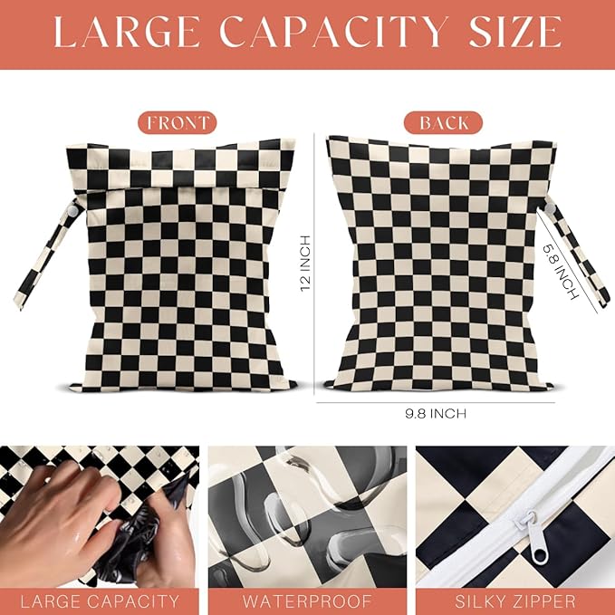 4 Pack Cute Wet Bag Waterproof Washable Reusable Wet Dry Bag for Swimsuit Clothes Cloth Diaper Travel Beach Pool Yoga Gym Halloween Party Camping Toiletries Travel Beach Essentials, Black Checkered