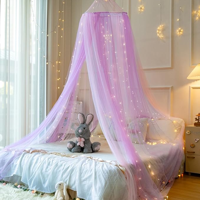 Princess Pink Purple Bed Canopy with Warm Fairy Lights for Girls Bed Net,X-Large Princess Canopy Hanging Netting for Girls Bedroom Decor,Kids Fairy Dream Play Tent for Room,Reading Corner