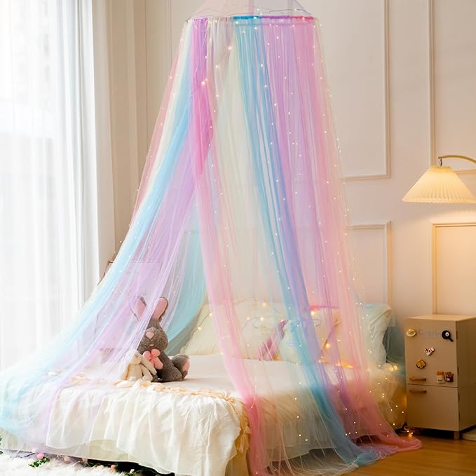 Rainbow Bed Canopy with Warm Fairy Lights,X-Large Princess Canopy Hanging Netting for Girls Bedroom Decor,Kids Fairy Dream Play Tent for Room,Reading Corner
