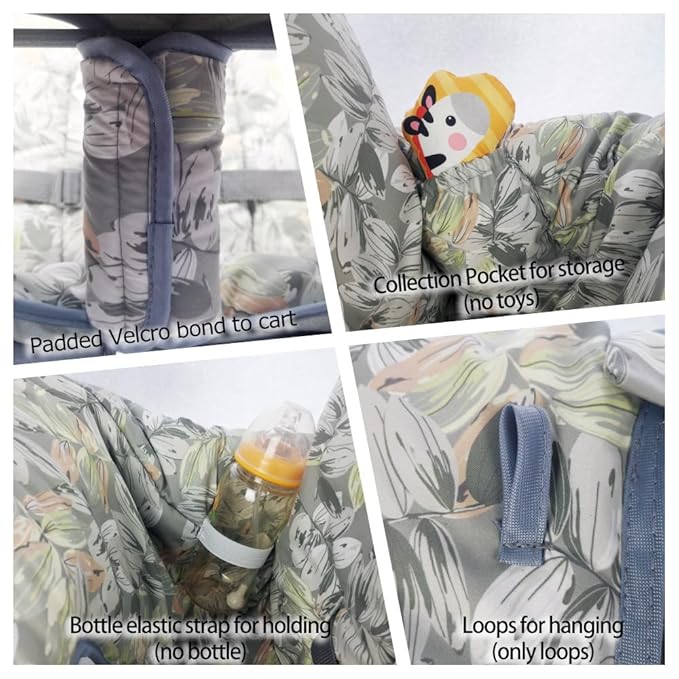 Shopping Cart Cover for Baby boy Girl, Multi-in-1 Cart Covers for Babies, Soft Padded Infant High Chair Cover, Machine Washable, Grocery cart seat Cushion Cover Grey Leaves