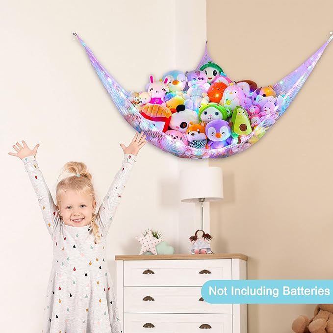 Unicorn Castle Stuffed Animals Net or Hammock Kids Toy Storage Organizer with LED Light Hanging Corner Stuffed Animals Holder Kids Girls Room Decor (Pack of 1)
