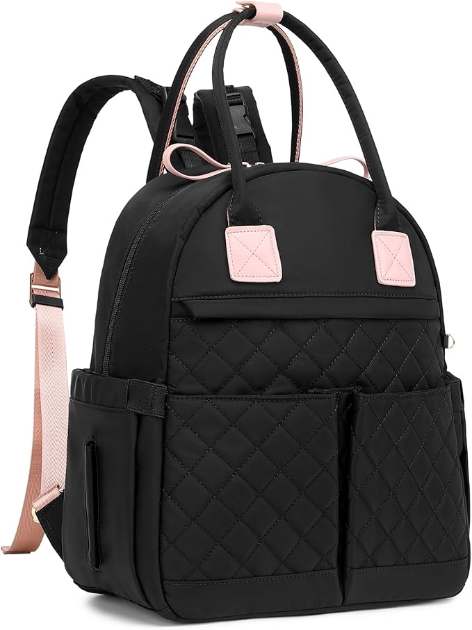 18 Pockets Diaper Bag Backpack with Waterproof Pockets and Stroller Buckle, Convertible Tote Bag (Black-pink, Medium)