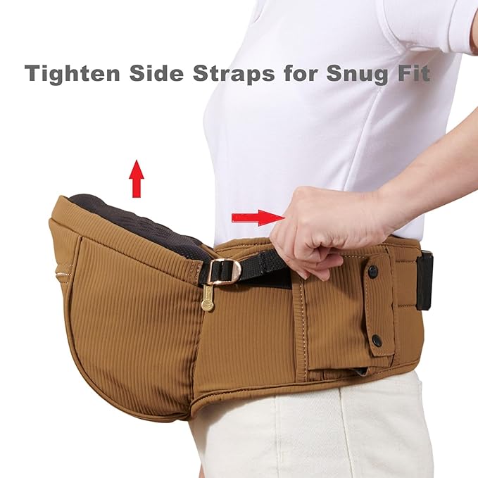 Sunveno Hip Baby Carrier with Seat,Ergonomic Baby Hip Carrier, Front-Facing Baby Holder, Anti-Slip Seat Surface, Wide and Adjustable Waistband,Multiple Pockets, Newborn to Toddler up to 45lbs, Brown