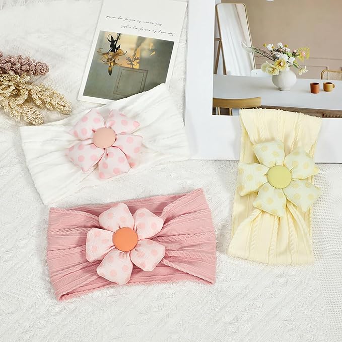 3 Pcs Baby Flower Headbands Baby Girls Nylon Headband Soft Hairbands Hair Accessories for Newborn Infant Toddler Kids (Yellow Pink White)