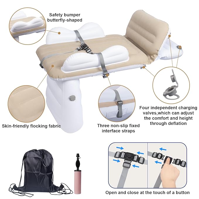 Inflatable-Toddler-Travel-Bed for Airplane Car Seat Portable Foldable Infant Travel Bed Baby Travel Crib with Sides,Hand Pump Safety Belt and Carry Bag Sets (Beige)