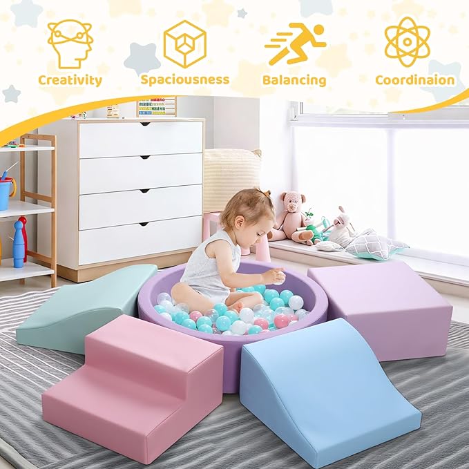 Foam Climbing Blocks for Toddler: with 4-Piece PU Leather Climbing Toys and a Ball Pit - Foam Ball Pit for Toddlers - Climbing Toys Indoor for Kids Crawling (Purple Climbing Blocks)