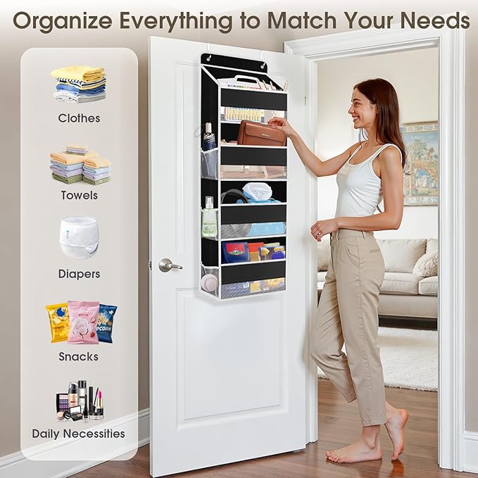 1 Pack Over The Door Organizer, Hanging Storage Organizer with Clear Window, 40lb Ultra Sturdy Large Capacity Room Organizer for Pantry Laundry Bathroom Nursery Closet (Black)