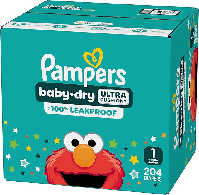 Pampers Diapers - Baby Dry - Size 1, 204 Count, Absorbent Disposable Infant Diaper (Packaging May Vary)