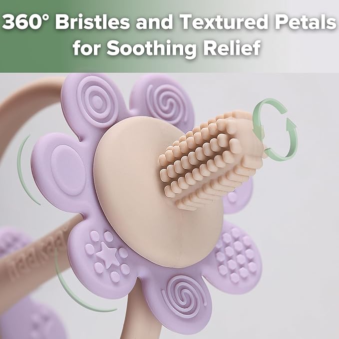 haakaa Silicone Twin Flower Teether,Nipple-Shaped End for Gum Massage,360° Baby Toothbrush Head for Self-Brushing Training,Easy to Grip - Lavender
