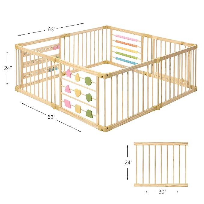 Wooden Playpen Extra Large for Toddlers and Babies - Foldable, Expandable, Adjustable - 8-10 Panels - Natural Wood - Unisex - Playpen