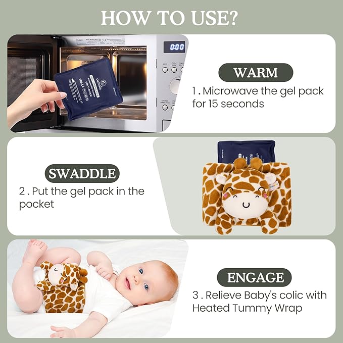 Baby Colic and Gas Relief, Heated Tummy Wrap for Newborns Belly Relief by Soothing Warmth, Baby Heating Pad Swaddling Belt Relief & Soothe Gas, Colic and Upset Stomach for Newborn to Toddler (Giraffe)