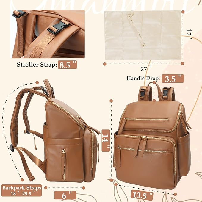 Diaper Bag Backpack Large Baby Diaper Bag Leather with 17 Diaper Bag Organizing Pouches,Changing Pad,Stroller Straps,4 Insulated Pockets,Brown