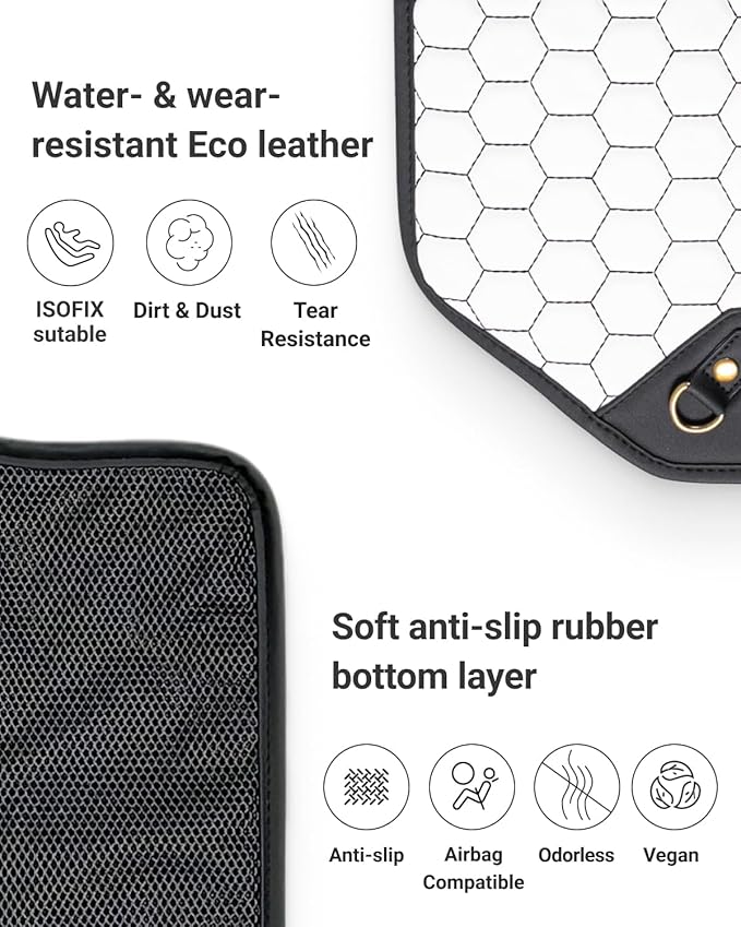 Owleys Car Accessories - White Seat Protector & Kick Mat Set Eco-Leather Guard 45"x18.5" + Waterproof Back Shield 27.5"x18.5" Road Trip Essential for Families with Kids Premium Light Interior Upgrade