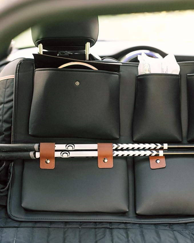 Owleys Hanging Car Trunk Organizer | Eco Leather Back Seat Storage 39"x19" | 8 Pockets with Zipper Compartment | Waterproof Cargo Holder for SUV & Sedan | Black&Brown