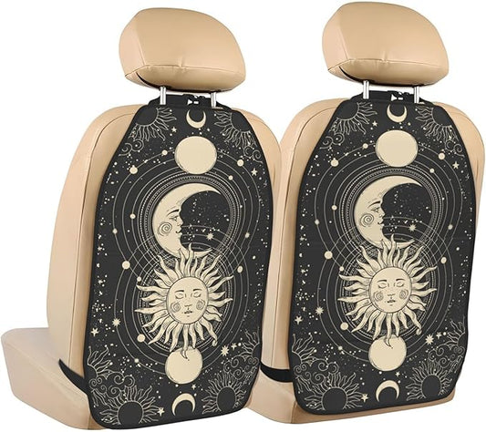 Vintage Sun Moon Stars Car Seat Back Kick Protectors,2 Pack Kick Mats with Storage Pockets for Vehicles to Protect from Dirt, Mud & Scratches