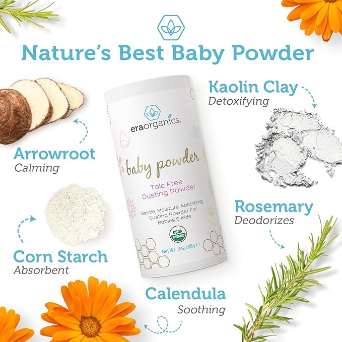 Era Organics Talc-Free Organic Baby Powder - USDA Organic Dusting Powder with Arrowroot, Calendula and Cornstarch for Newborns, Babies or Toddlers - Soothing, Fragrance Free, Made in USA (3oz/85g)