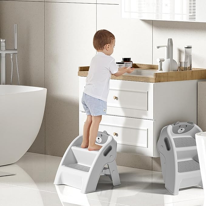 TPN Toddler Step Stool for Bathroom Sink and Potty Training Durable Anti-Slip,Anti-Tip A-Frame,10-Second Assembly, 2-Step Potty Stool with Wide Steps (Gray)