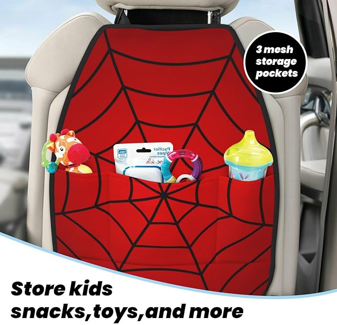 Red Spider Web Car Kick Mats Back Seat Protector 2 Pack Auto Seat Back Covers with 3 Organizer Travel Accessories Universal Vehicle Interior from Dirt, Mud