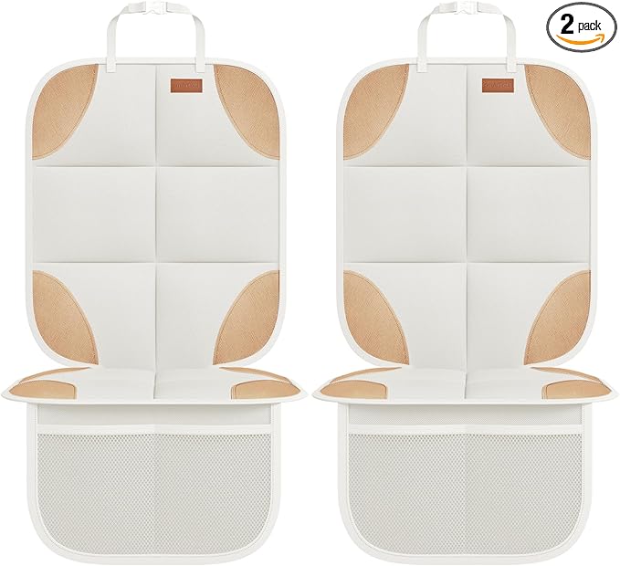 SMART ELF Car Seat Protector, 2Pack Seat Protector Protect Child Seats with Thickest Padding and Non-Slip Backing Mesh Pockets for Baby and Pet,Sedan SUV Truck (Beige Brown)