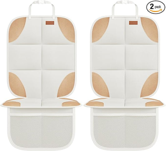 SMART ELF Car Seat Protector, 2Pack Seat Protector Protect Child Seats with Thickest Padding and Non-Slip Backing Mesh Pockets for Baby and Pet,Sedan SUV Truck (Beige Brown)