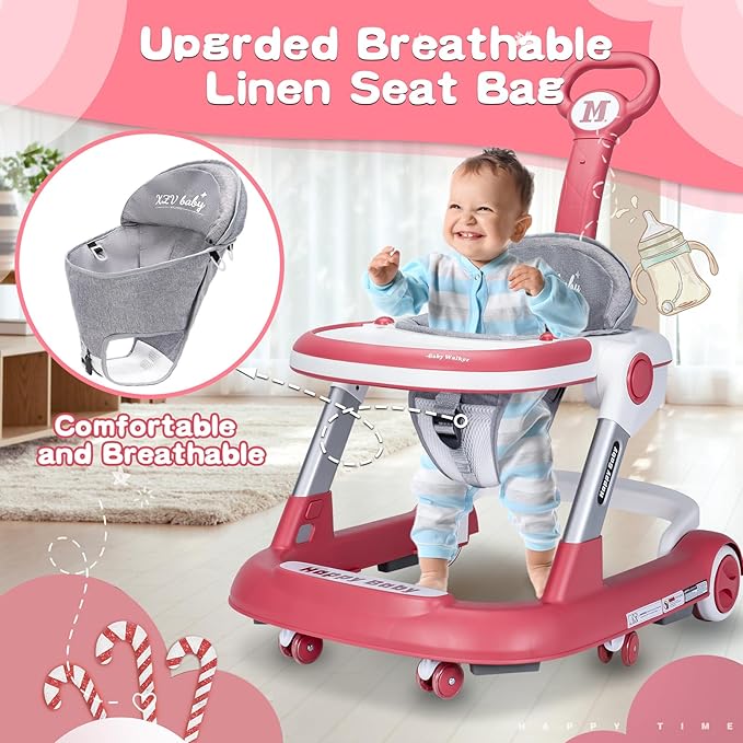 Baby Walker with Wheels 5 in 1 Foldable Activity Center with Mute Wheels Adjustable Heights Anti-Fall Push Walkers for Boys Girls Safe Infant Toddler Walker with Footrest for 6-24 Months