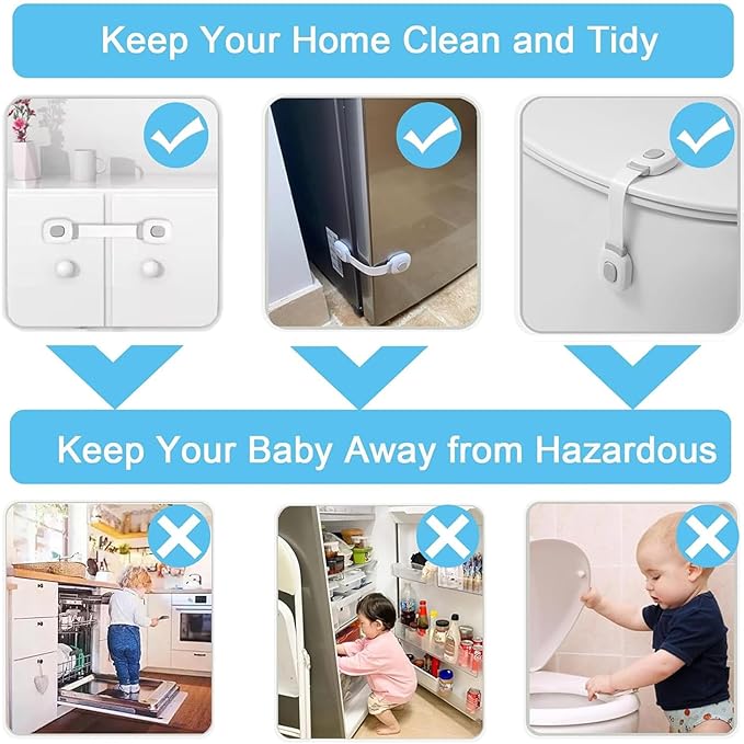 Fursafe&Q Baby Cabinet Locks, Child Safety Cabinet Proofing -Child Safety Strap Locks Adhesive Drawer Fridge Ovens Door Toilet Latches No Drill Multi-Purpose for Furniture Kitchen Lock (Grey, 6Pack)