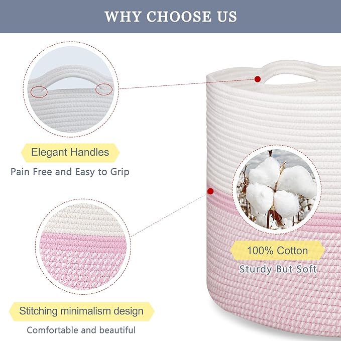 Extra Large Cotton Rope Basket For Girls Kids 87L, Nursery Hamper, Large Laundry Basket , Nursery Bin, Laundry Hamper Organizer for Storage Toys Blankets Clothes, 22”x 14”, Blend White & Pink