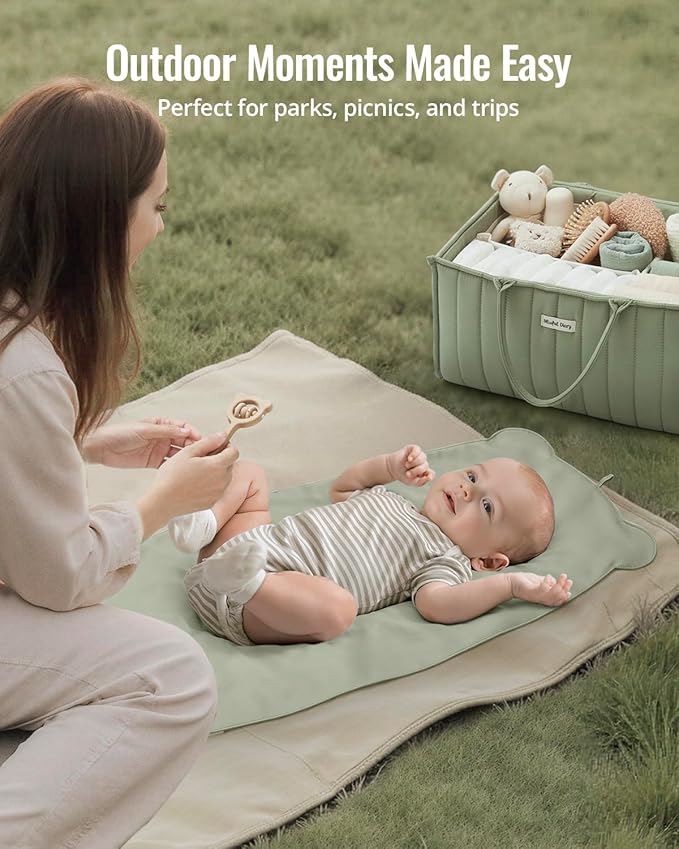 Blissful Diary Vegan Leather Portable Changing Pad, Wipeable & Waterproof Baby Change Mat in Diaper Bag, Travel Essential & Registry Gift, Light Green