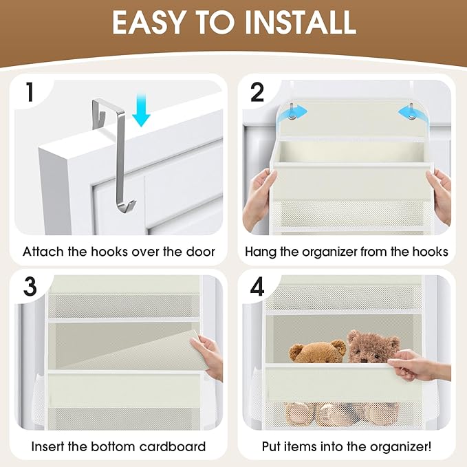 2 Pack Over The Door Organizer, Hanging Storage Organizer with Clear Window, 40lb Ultra Sturdy Large Capacity Room Organizer for Pantry Laundry Bathroom Nursery Closet (Beige)