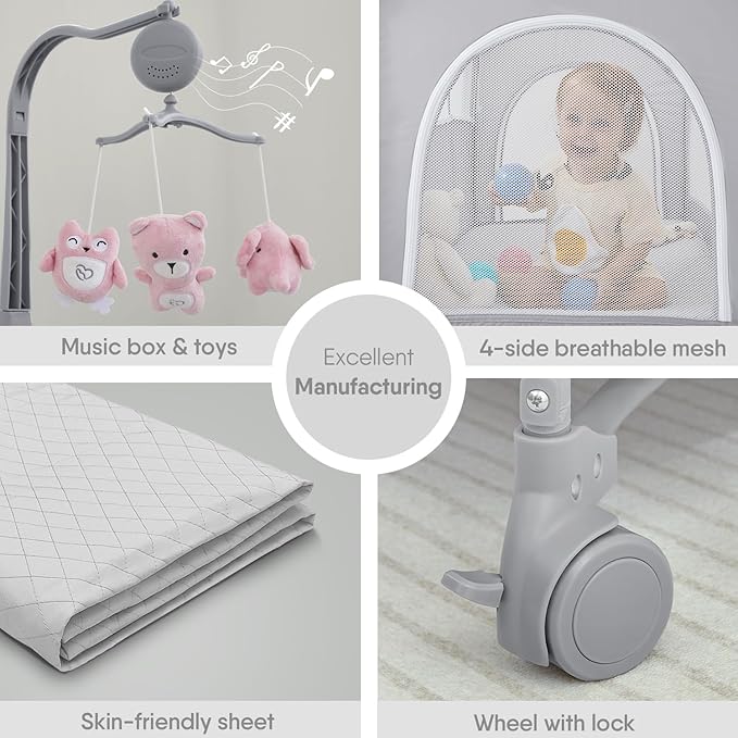 ADOVEL Baby Bassinet Bedside Crib, Pack and Play with Mattress, Diaper Changer and Playards from Newborn to Toddles, Pink