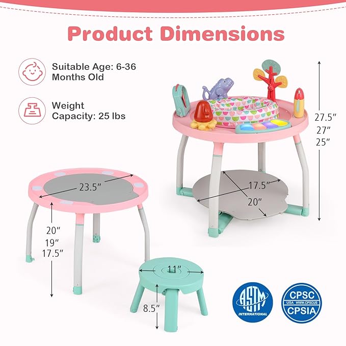 BABY JOY 5 in 1 Baby Activity Center, Baby Jumpers and Bouncers with Removable Toys, Lights & Music, 3 Adjustable Heights, Interactive Play Center for Toddlers Boys Girls 6-36 Months (Pink)