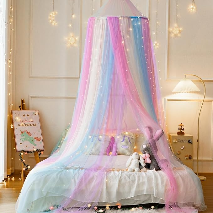 Rainbow Bed Canopy with Warm Fairy Lights,X-Large Princess Canopy Hanging Netting for Girls Bedroom Decor,Kids Fairy Dream Play Tent for Room,Reading Corner