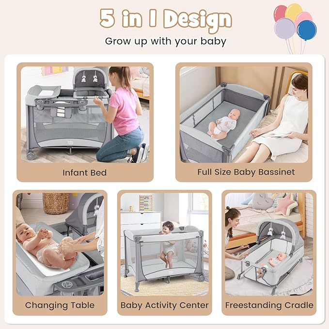 BABY JOY 4 in 1 Pack and Play, Portable Baby Playard with Bassinet & Diaper Changing Table, Infant Bassinet Baby Crib Activity Center with Toys & Oxford Bag from Newborn to Toddlers (Grey, Classic)