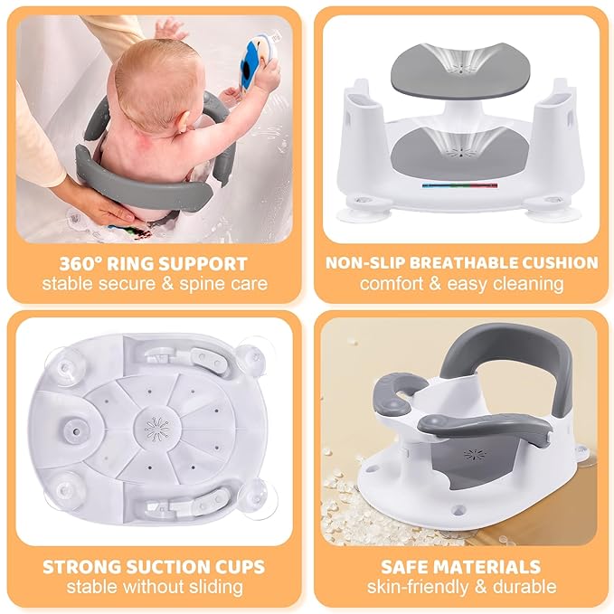 Baby Bath Seat for Babies 6 Months & Up Sitting Up,Infant Bath Seat with Temperature Alert+Open Backrest+on/Off Armrest,Toddler Bath seat Baby Bath Chair for Bathtub,Tub,Sink Grey