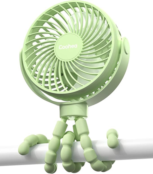 Stroller Fan Clip on for Baby, 4000mAh Rechargeable Battery Operated, Flexible Tripod, 3 Wind Speed, 360° Rotatable, Small Portable Fan for Car Seat Crib Golf Cart Beach Travel, Green