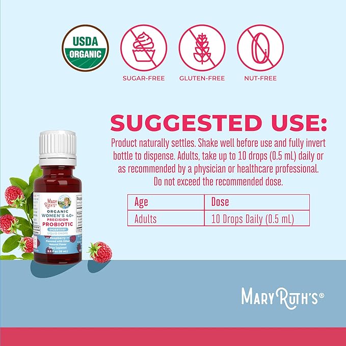 MaryRuth Organics USDA Organic 40 Womens Probiotic Liquid Drops | Probiotics for Digestive Health | Stress-Related GI Issues | Occasional Gas Relief for Adults | Vegan | Dairy Free | 30 Servings