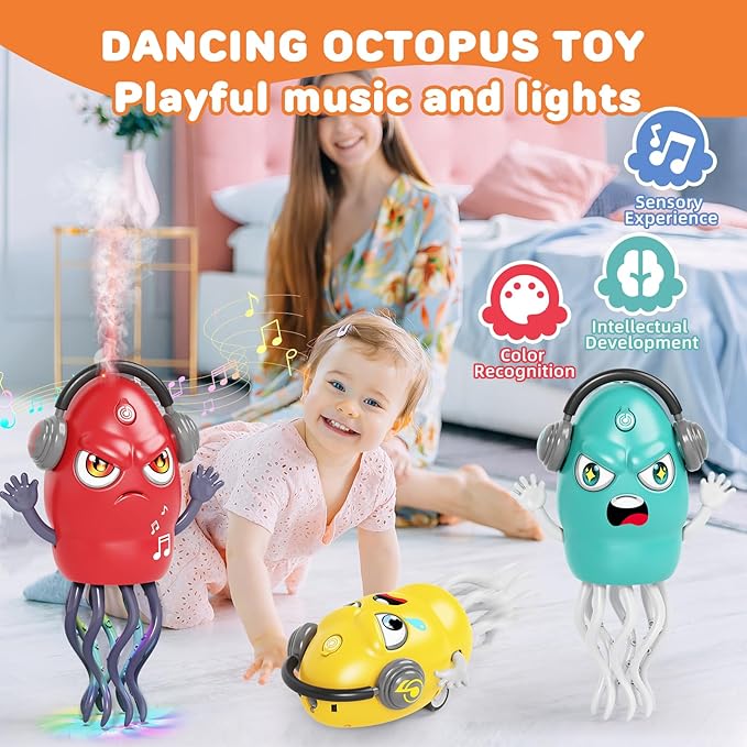 Dancing Squid Toy with Spray, Dancing Octopus Crawling Toys with Music and Lights, Electric Crawling Octopus Baby Toy, Tummy Time Squid Toys, Birthday Baby Gifts Christmas Stocking Stuffers (Red)