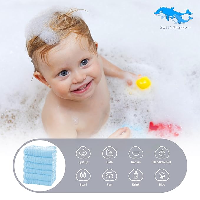 SWEET DOLPHIN 12 Pack Baby Muslin Washcloths - Soft Face Cloths for Newborn, Absorbent Bath Wash Cloths, Wipes, Burp Rag - Toddlers Essentials Stuff, Baby Registry as Shower -10"x10", Aquamarine