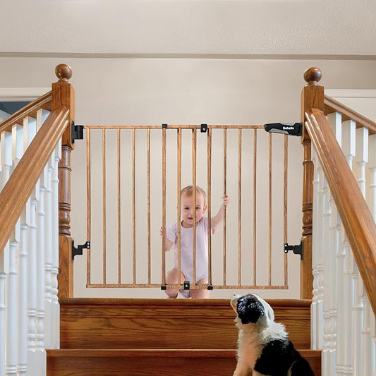 Babelio Baby Gate for Stairs, Kitchen & Doorways, 26-41" W 28" H No Bottom Bar| Easy Installation| One-Handed Operation| Auto-Close| Hardware Mount Safety Dog/Pet Gate Indoor (Brown Wood Pattern)