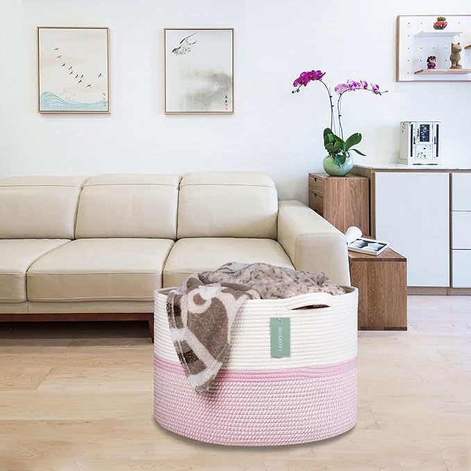 Extra Large Cotton Rope Basket For Girls Kids 87L, Nursery Hamper, Large Laundry Basket , Nursery Bin, Laundry Hamper Organizer for Storage Toys Blankets Clothes, 22”x 14”, Blend White & Pink