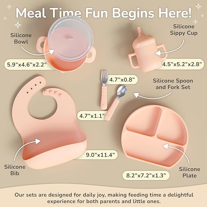 mimi & kiki BPA-Free Silicone Baby Feeding Set, Baby Plates and Bowls Set, Baby Led Weaning Supplies, Silicone Suction Plate, Baby Utensils, Bib and Cup, Self Feeding, Dishwasher Safe (Light Pink)