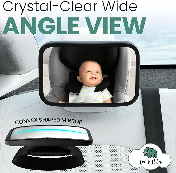 Leo and Ella - Tesla Fixed Headrest Baby Car Mirror, Extra Large Car Mirror For Baby, Shatterproof & Adjustable Safety Mount with Elastic Strap