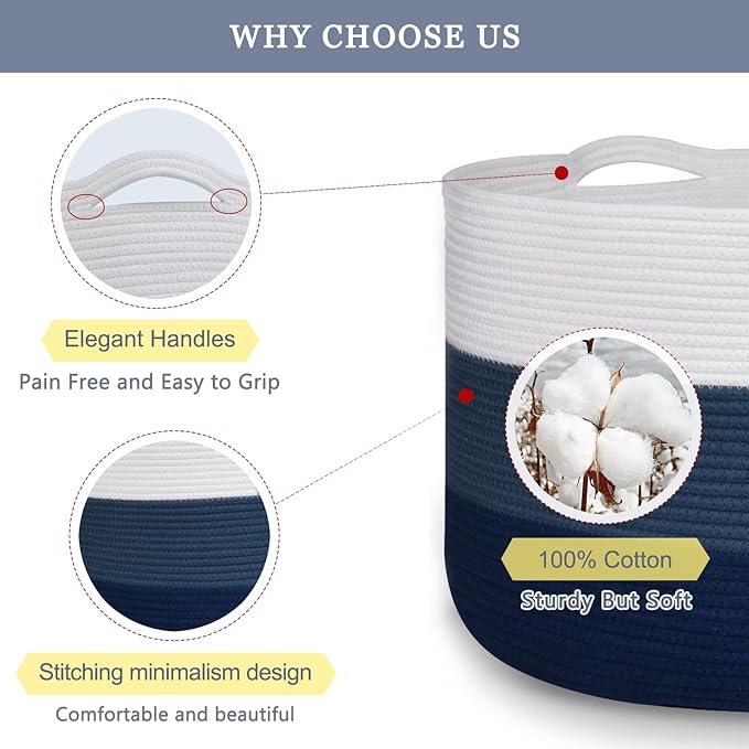 Extra Large Blanket Basket 87L, Laundry Hamper, Baby Nursery Hamper for Storage Toys Clothes Towels, Large Cotton Rope Laundry Basket for Girls Boys, 22”x 14”, White & Cadet Blue & Navy Blue