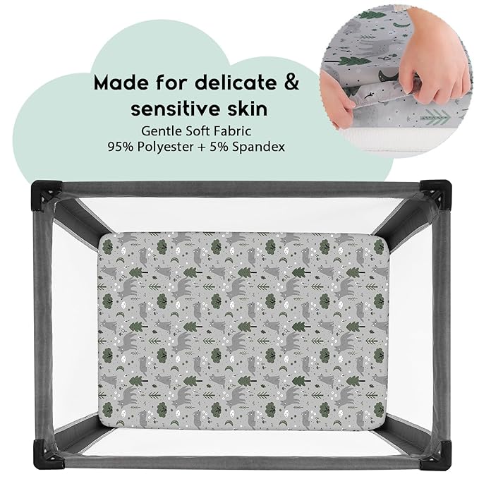 Yoofoss Pack and Play Sheets Fitted, Mini Crib Sheets 2-Pack for Pack N Play Mattress, Stretchy Playard Sheet, Soft and Breathable Gray-Green+Fox