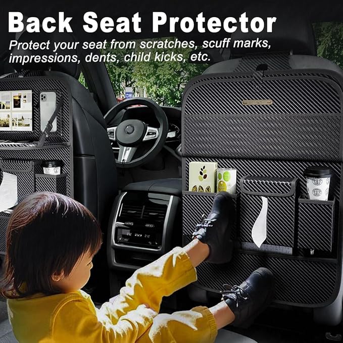 Car Seat Organizers,Multi-functional Back Seat Protectors, Storage Pouches, and Tray Holders (for Cars, Kids, Seat Back and Rear Seats) (Carbon Fiber, 2 Pcs)