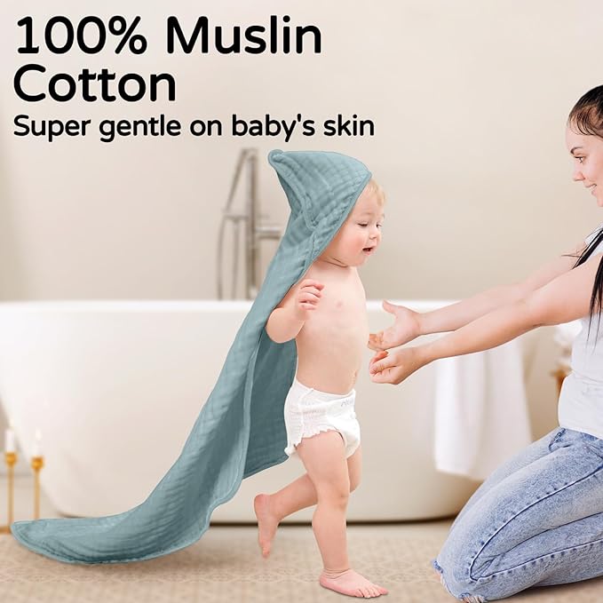 Yoofoss Hooded Baby Towels for Newborn 2 Pack 100% Muslin Organic Cotton Baby Bath Towel with Hood for Babies, Infant, Toddler and Kids, 32x32Inch, Soft and Absorbent Newborn Essential,Blue Elephant