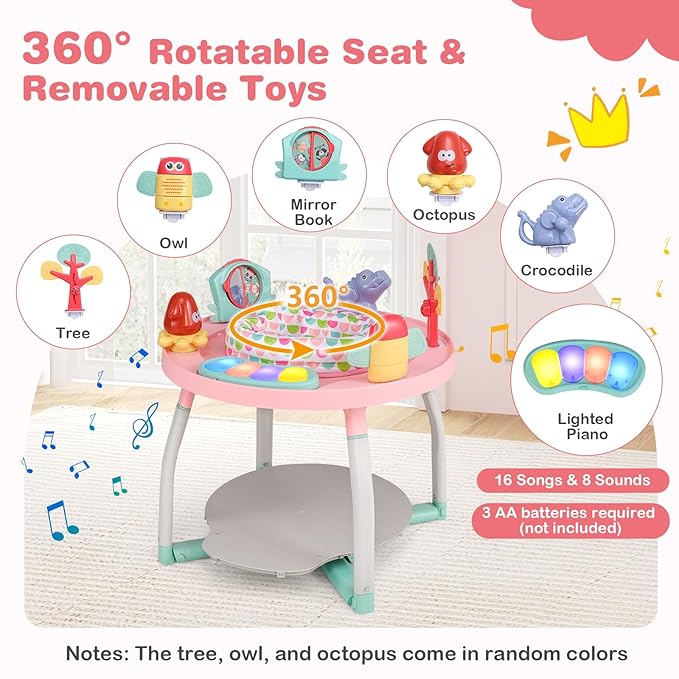 BABY JOY 5 in 1 Baby Activity Center, Baby Jumpers and Bouncers with Removable Toys, Lights & Music, 3 Adjustable Heights, Interactive Play Center for Toddlers Boys Girls 6-36 Months (Pink)