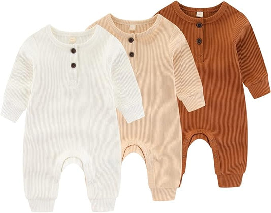 Newborn Baby Boys Girls One Piece Romper With Mitten Cuffs 3 Pack Long Sleeve Ribbed Button Jumpsuit Outfit Clothes